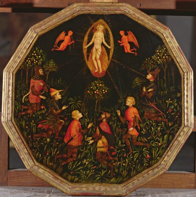 Bandeja de confinamiento que representa el Triunfo de Venus venerado por seis amantes legendarios: Aquiles, Tristán, Lancelot, Sansón, Paris y Troilo (óleo sobre tabla) de Italian School