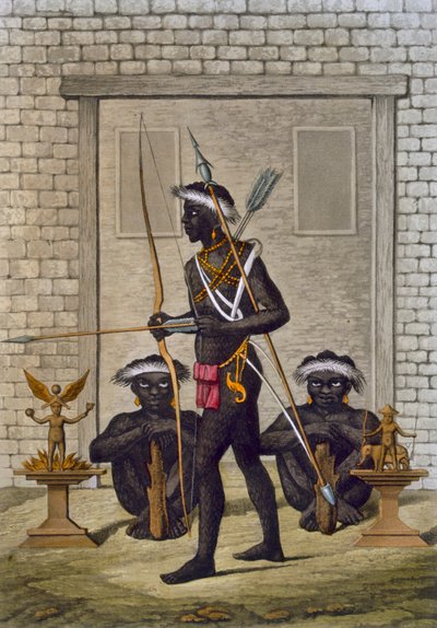 Tribus del Congo y figuras fetiche guardan el palacio del Saba o soberano, c.1820s-30s de Italian School