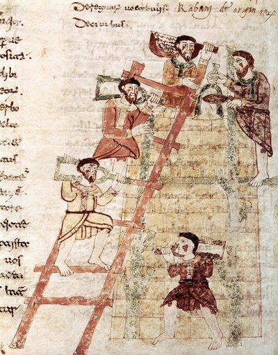 Construcción de una Torre, Miniatura tomada del manuscrito "De Universo" Libro 16 Cap. 1 por Maurus Rabanus, siglo IX de Italian School