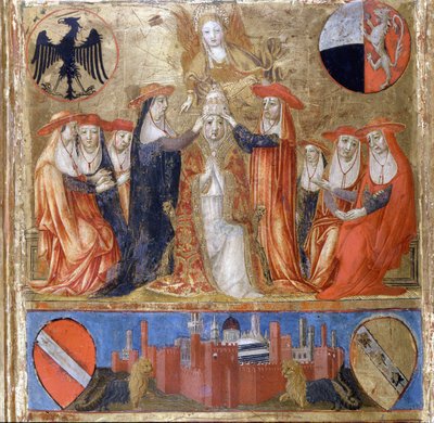 Coronación de Pío II (Enea Silvio Piccolomini) (1405 a 1464). Papa italiano (1458 - 1464). Abajo, la ciudad fortificada de Siena. Bicherna (portada del registro contable de la ciudad de Siena) de 1460. Archivo Nacional - Museo delle Tavolette de B de Italian School