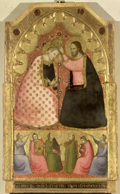 Coronación de la Virgen, retablo con un panel de predela que representa ángeles tocando instrumentos musicales, florentino de Italian School