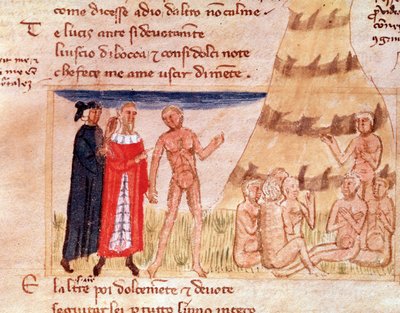 El alma de Corrado Malaspina predice a Dante el exilio (canto 8 del Purgatorio, en la Divina Comedia) - Miniatura de Italian School
