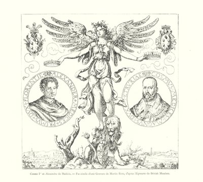 Cosme I y Alejandro de Médicis, facsímil de un grabado de Martin Rota, según la prueba del Museo Británico de Italian School