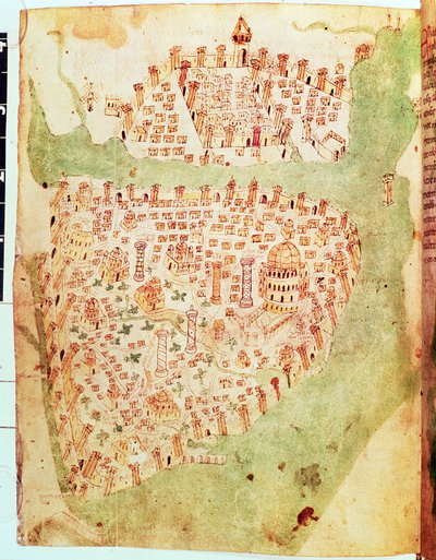 Algodón Vespasiano A. XIII, f.36v: Mapa de Constantinopla, c.1450 (vitela) de Italian School