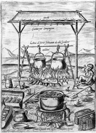 Cocina campestre: calderos y ollas colocados sobre el fuego. Grabado de 