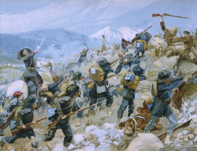 Guerra de Crimea y la batalla de Chernaya, 16 de agosto de 1855, ilustración de un álbum sobre la historia del Risorgimento hecho para el chocolate Talmone, finales del siglo XIX de Italian School