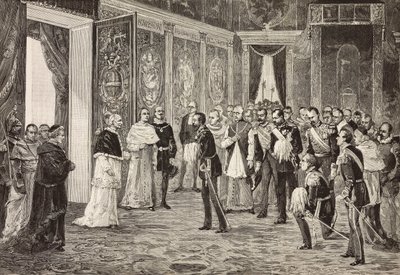 El príncipe heredero de Alemania (futuro Federico III) recibido por el Papa León XIII en la sala del trono, Vaticano, grabado de un dibujo de Ximenes de un boceto de Dal Don, de L