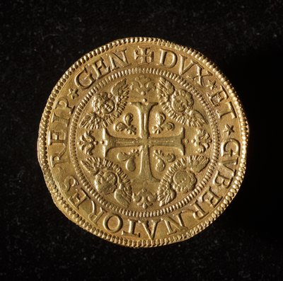 Moneda de la República de Génova: moneda de 12.5 doppie de oro. Diámetro 61 mm. 1656. Anverso. Musei di Strada Nuova de Génova (inv. 6456) de Italian School