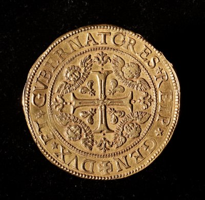 Moneda de la República de Génova: 20 doppie de oro. Diámetro 58 mm. 1645. Anverso. Musei di Strada Nuova de Génova (inv. M7097) de Italian School