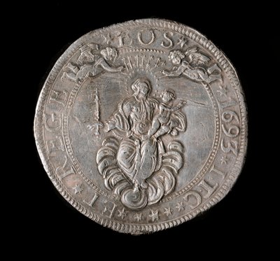 Moneda de la República de Génova: moneda de plata de cinco escudos. Diámetro 61 mm. 1693. Reverso. Genes Musei di Strada Nuova de Italian School
