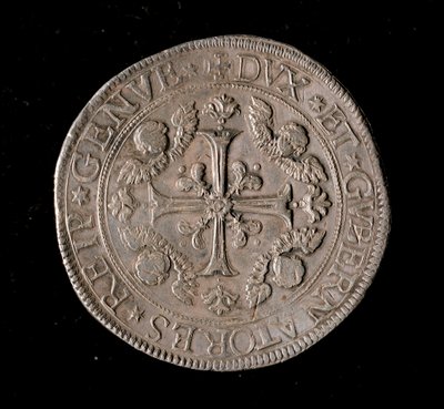 Moneda de la República de Génova: moneda de cinco ecus de plata. Diámetro 61 mm. 1693. Anverso. Genes Musei di Strada Nuova de Italian School