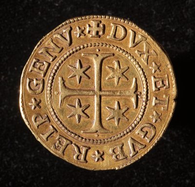 Moneda de la República de Génova: moneda de cinco doppie de oro. Diámetro 41 mm. 1642. anverso. Genes Musei di Strada Nuova de Italian School