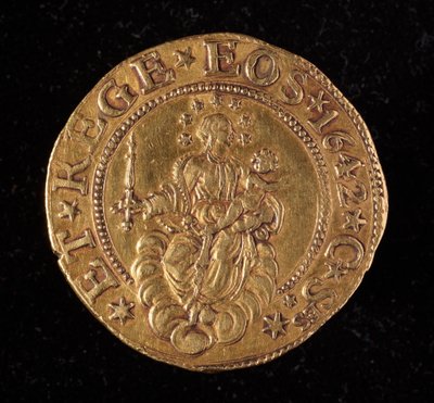 Moneda de la República de Génova: moneda de cinco doppie de oro. Diámetro 41 mm. 1642. reverso. Genes Musei di Strada Nuova de Italian School