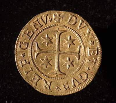 Moneda de la República de Génova: moneda de cinco doppie de oro. Diámetro 41 mm. 1652. anverso. Genes Musei di Strada Nuova de Italian School