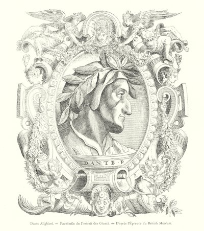 Dante Alighieri, facsímil del retrato de los Giunti, según la prueba del Museo Británico de Italian School