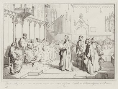Dante Alighieri se presenta al senado como embajador de Guido Novello di Polenta Señor de Ravenna de Italian School