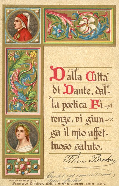 Dante, Beatrice, Divina Comedia (litografía en color) de Italian School