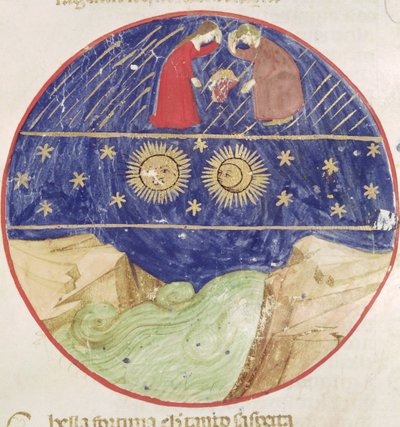 Dante y Beatriz contemplando el signo de Géminis, los planetas y la tierra, de la Divina Comedia de Dante Alighieri (1265-1321) de Italian School