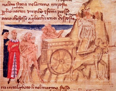 Dante y Virgilio y el carro y los bueyes tirando del Arca (canto X del Purgatorio, en la Divina Comedia) - miniatura de Italian School