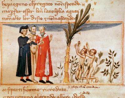 Dante y Virgilio encuentran a Forese de Donati con los glotones (canto 23 del Purgatorio, en la Divina Comedia) - Miniatura de Italian School