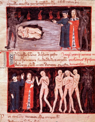 Dante y Virgilio encuentran a Ugolino, traidor (canto 23 del Infierno en la Divina Comedia) - Miniatura de Italian School