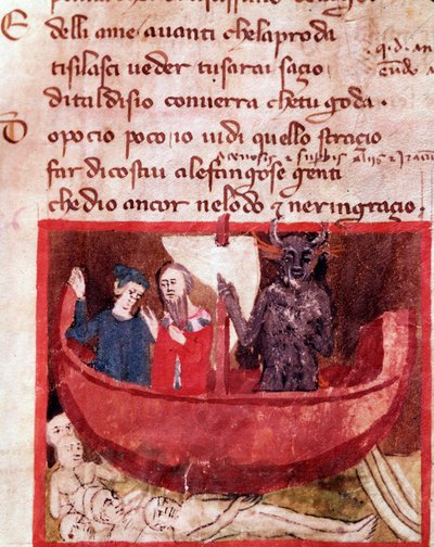 Dante y Virgilio en el bote de Flegias encuentran a Filippo Argenti (canto 8 del Infierno, en la Divina Comedia) de Italian School