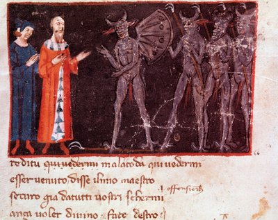 Dante y Virgilio hablan con Malacoda, líder de los escuadrones de Malebranche (canto 21 del Infierno, en la Divina Comedia) - Miniatura de Italian School