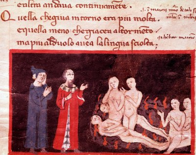 Dante y Virgilio rodeados por los violentos (canto 14 del Infierno, en la Divina Comedia) - miniatura del siglo XIV de Italian School