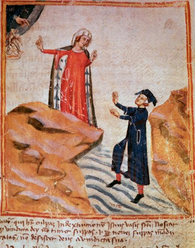 Dante se encuentra con Matelda en la orilla del Leteo (canto 28 del Purgatorio, en la Divina Comedia) de Italian School