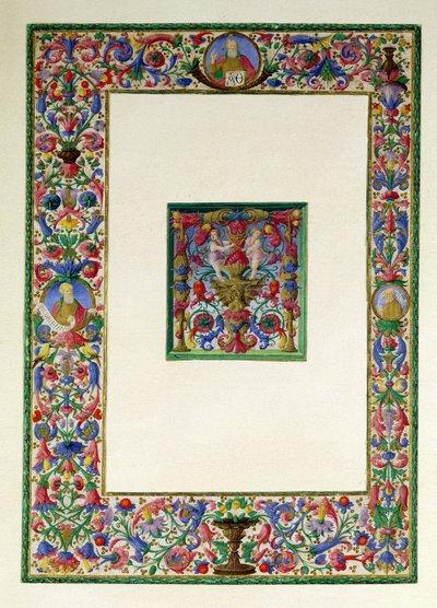 Borde decorativo con Dios Padre y dos profetas y una inicial historiada T con una sirena y dos putti, siglo XV-XVI de Italian School