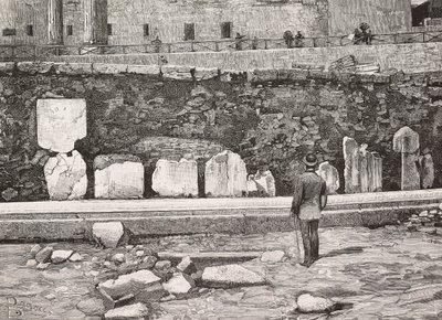 Hemicíclo decorativo en el Foro Romano, Roma, Italia, grabado del dibujo de Dante Paolocci, de L