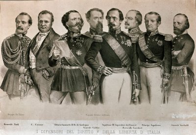 Defensores de la Ley y la Libertad de Italia: de izquierda a derecha, General Manfredo Fanti (1806-1855), Camillo Benso, Conde de Cavour (1810-1861), Rey de Cerdeña Vittorio Emanuele II (Victor Emmanuel), General Enrico Cialdini (1811-1892) de Italian School
