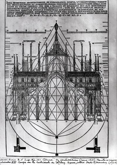 Diseño para la Catedral de Milán, ilustración de De Architectura por Vitruvio, Como, 1521 de Italian School