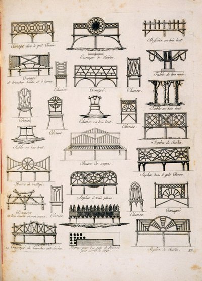Diseños para asientos de jardín, de Un Compendio de Dibujos, por J.G. Grohmann, publicado en 1805 de Italian School
