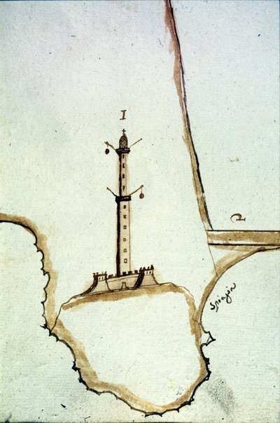 Detalle de un mapa topográfico manuscrito del siglo XVII que muestra la posición de la linterna de Génova de Italian School