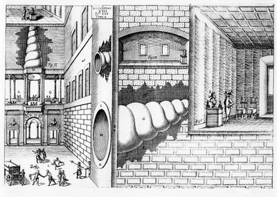 Dispositivo para escuchar conversaciones en una plaza, ilustración de Musurgia Universalis por Athanasius Kircher (1601-80) publicado en Roma, 1650 de Italian School
