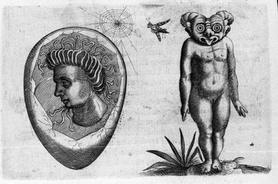 Diferentes tipos de monstruos humanos: un hombre fósil y un monstruo. Grabado de “De monstrorum natura, causis et differentiis” por Fortunio Liceti (1577-1656), científico italiano. 1646 de Italian School