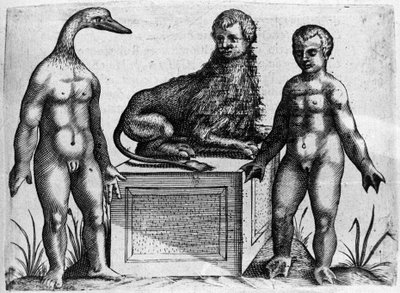 Diferentes tipos de monstruos humanos: un hombre con cabeza de pato, un hombre con cuerpo de león y otro con manos de palma. Grabado de “De monstrorum natura, causis et differentiis” de Fortunio Liceti (1577-1656), científico italiano. 1646 de Italian School