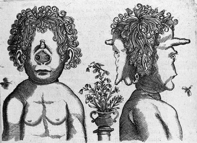 Diferentes tipos de monstruos humanos: cara y cara de cabeza de monstruo. Grabado de “De monstrorum natura, causis et differentiis” de Fortunio Liceti (1577-1656), científico italiano. 1646 de Italian School