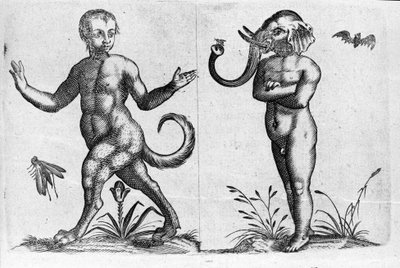 Diferentes tipos de monstruos humanos: un hombre con piernas de animal y otro con cabeza de elefante. Grabado de “De monstrorum natura, causis et differentiis” de Fortunio Liceti (1577-1656), científico italiano. 1646 de Italian School