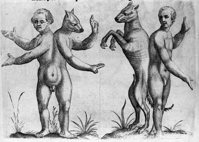 Diferentes tipos de monstruos humanos: dos criaturas con cuerpos dobles, mitad hombre y perro (siameses). Grabado de “De monstrorum natura, causis et differentiis” de Fortunio Liceti (1577-1656), científico italiano. 1646 de Italian School