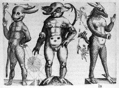 Diferentes tipos de monstruos humanos con cuerpos mitad humanos, mitad animales. Grabado de “De monstrorum natura, causis et differentiis” de Fortunio Liceti (1577-1656), científico italiano. 1646 de Italian School