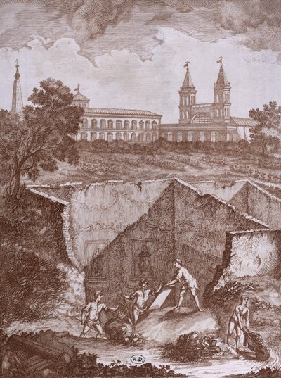 Descubrimiento de una casa y frescos en Roma en 1780, ilustración de Peintures antiques retrouvées lors d