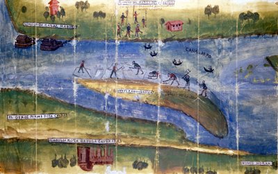 Disputa sobre el derecho a cosechar hielo entre los residentes del río Po. 1535. Milán, Archivo Nacional de Italian School