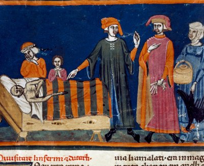 Doctores junto a la cabecera de un enfermo. Miniatura de la escuela florentina de una edición extendida del 