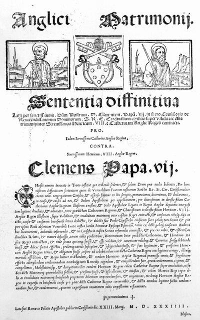 Documento que declara el juicio del Papa sobre la validez del matrimonio de Enrique VIII y Catalina de Aragón, 1534 de Italian School