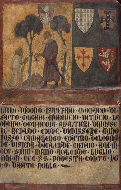 Don Stefano, monje de San Galgano, arrodillado ante San Galgano de Italian School