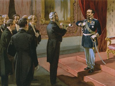 El Duque de Sermoneta ofreciendo al Rey Víctor Manuel II (1820-78) el plebiscito de Roma en el Palazzo Pitti, Florencia, 1870, ilustración de un álbum sobre la historia del Risorgimento hecho para el chocolate Talmone, finales del siglo XIX de Italian School
