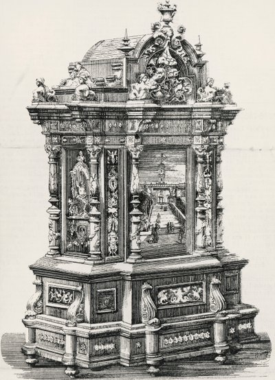 Gabinete de ébano con incrustaciones por el ebanista Alessandro Monteneri de Perugia, ilustración de la exposición italiana en 1881 en Milán, Italia de Italian School