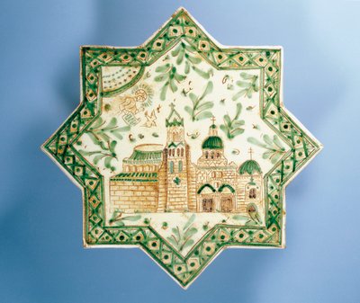 Azulejo de ocho puntas con Federico II en el trono en el centro, cerámica decorativa, fabricación Alessi, Caltagirone, Sicilia, Italia, S. XX de Italian School